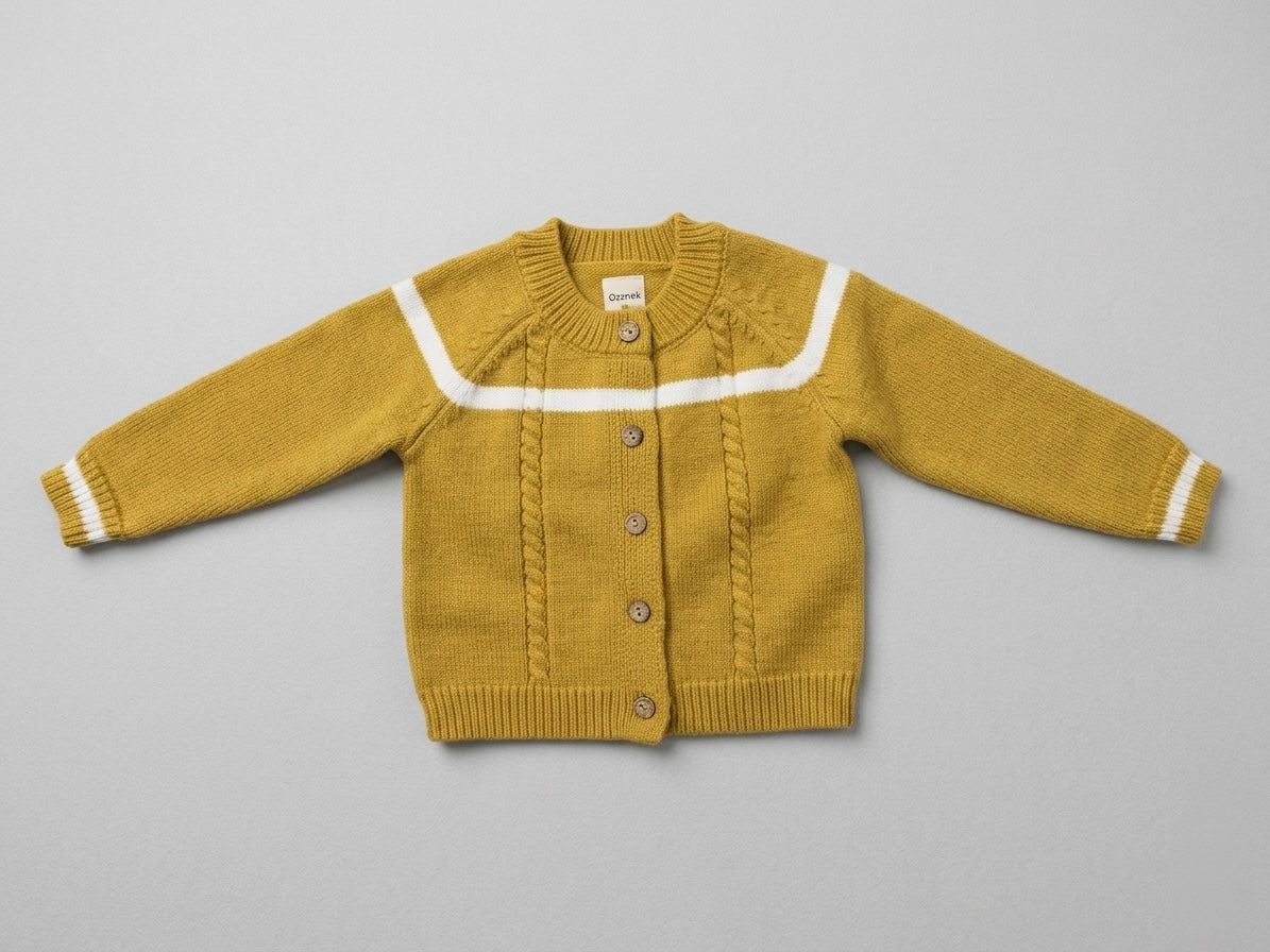 Yellow knitted cardigan with white trim on a gray background