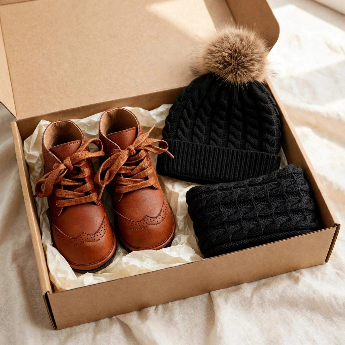 Toddler winter gift set with waterproof chestnut lace-up boots and black organic cotton beanie and scarf set in a gift box, kids winter boots Christmas gift