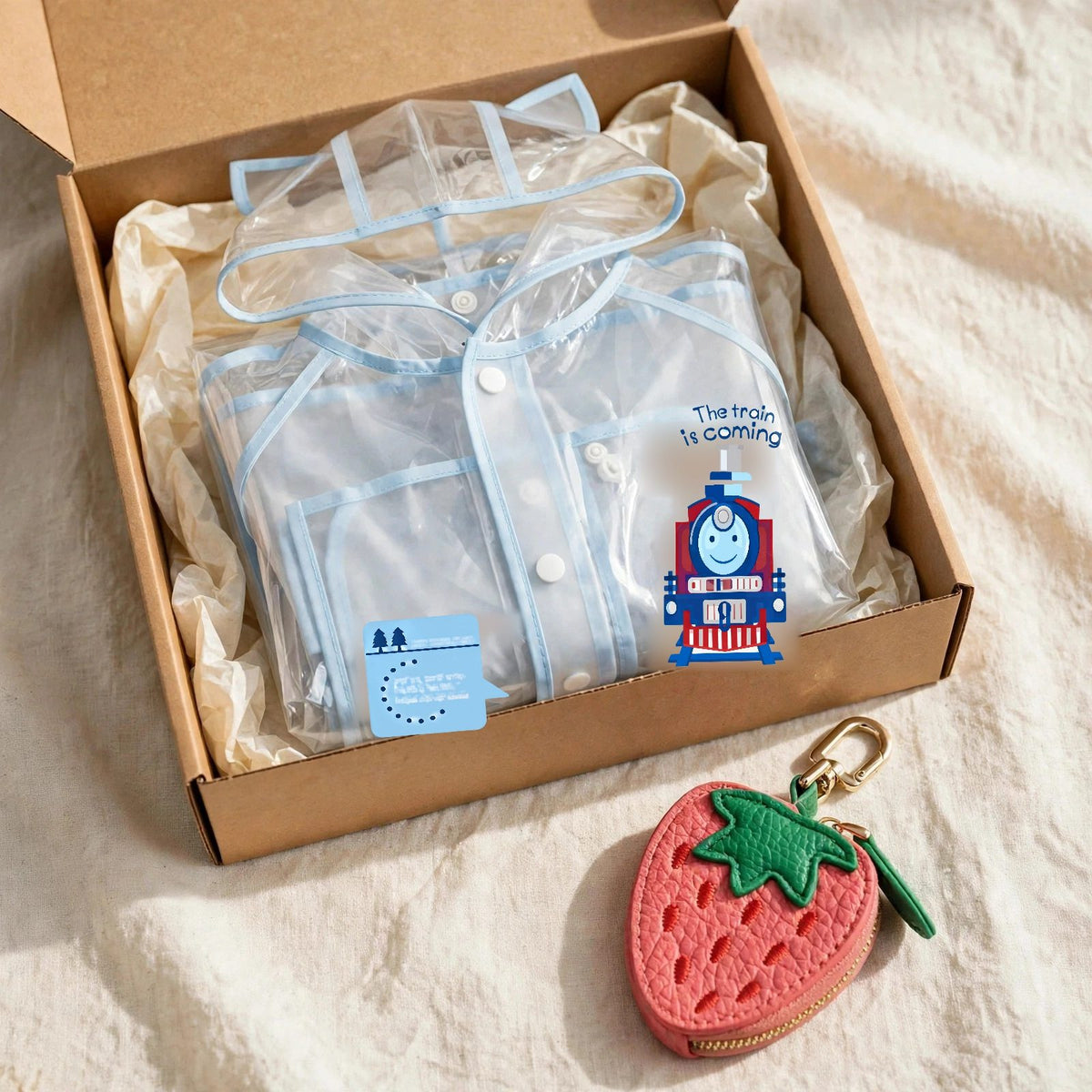 Kids gift set with clear baby blue raincoat and strawberry leather fruit bag charm in a gift box, toddler rain gear Christmas gift