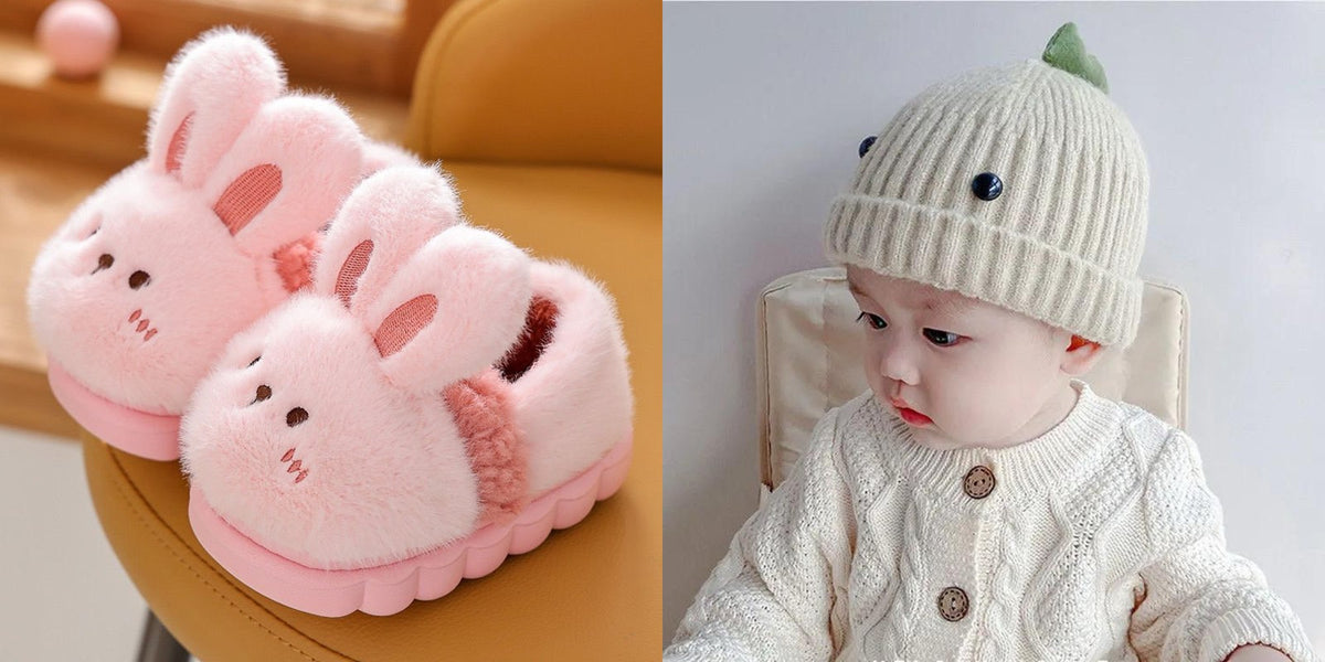 Fuzzy animal slippers with dinosaur beanie hat gift set
