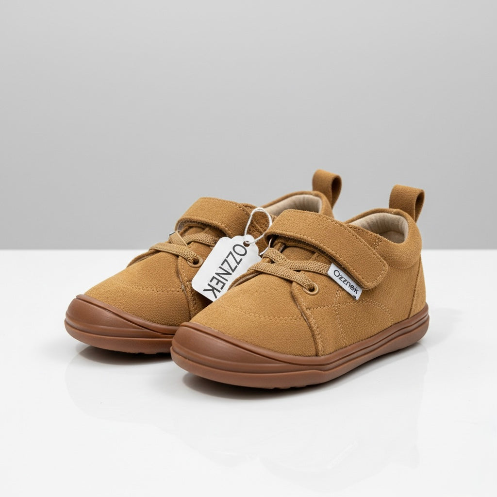 Tan suede Ozznek barefoot sneakers for toddlers with a wide, foot-shaped toe box