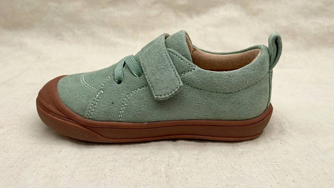 Moss Flexible Sole Barefoot Sneakers for Kids | Zero Drop Shoes on cream linen background — view 4