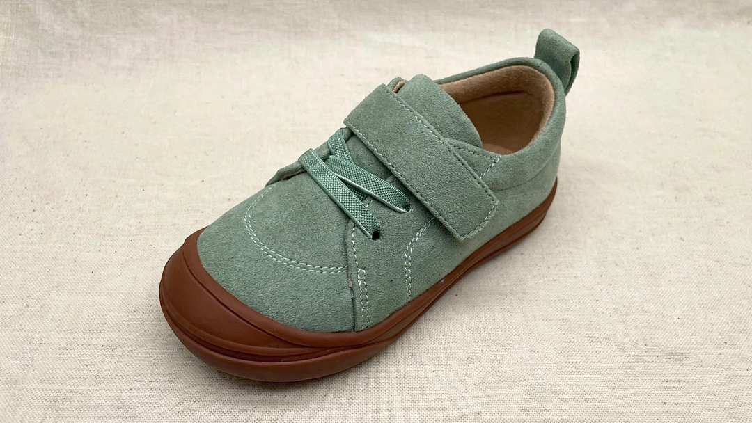 Moss Flexible Sole Barefoot Sneakers for Kids | Zero Drop Shoes on cream linen background — view 3