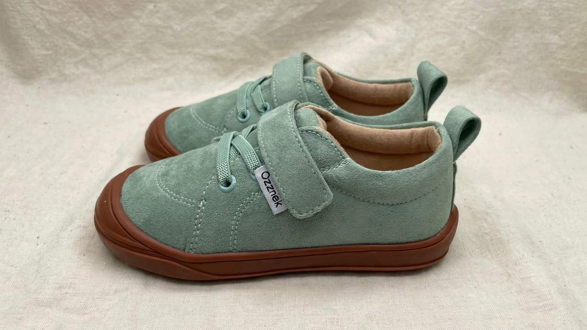 Moss Flexible Sole Barefoot Sneakers for Kids | Zero Drop Shoes on cream linen background — view 2