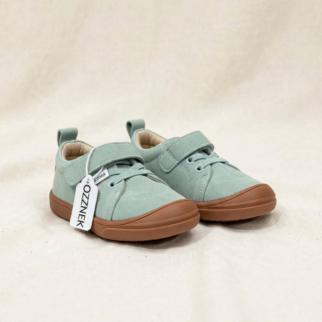 Moss Flexible Sole Barefoot Sneakers for Kids | Zero Drop Shoes on cream linen background