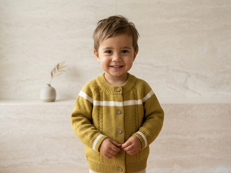 Child wearing a wool sweater with white stripes on a neutral background