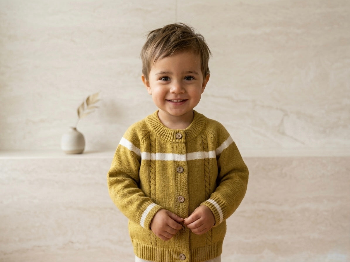 Child wearing a wool sweater with white stripes on a neutral background