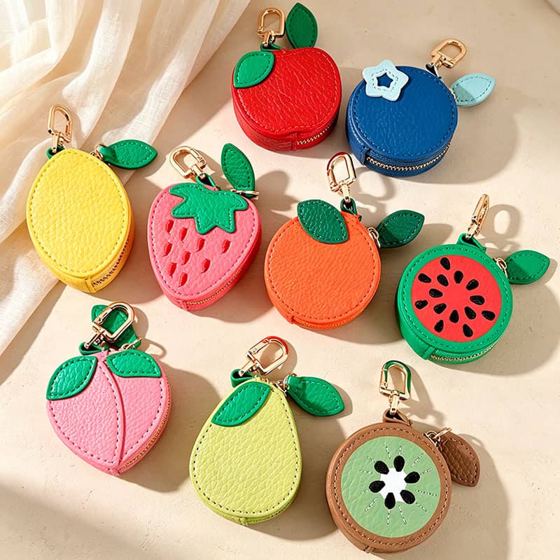 Mini fruit keychain pouch - cute bag charm stocking stuffer for kids, kiwi lemon avocado peach strawberry