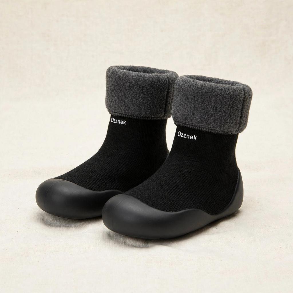 Toddler Sock Shoes with Rubber Soles | Fleece Winter Barefoot Shoes on cream linen background — alternate view