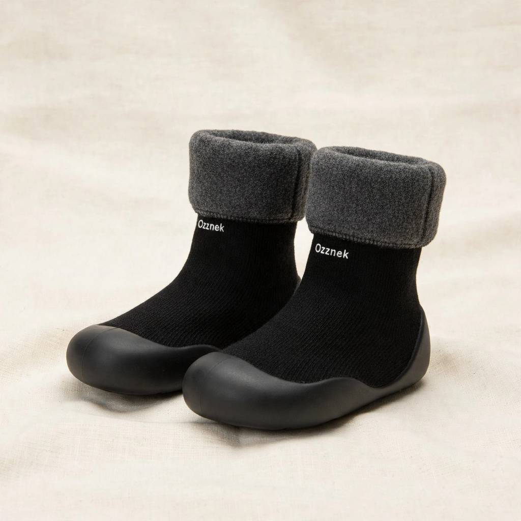 Toddler Sock Shoes with Rubber Soles | Fleece Winter Barefoot Shoes on cream linen background — view 2