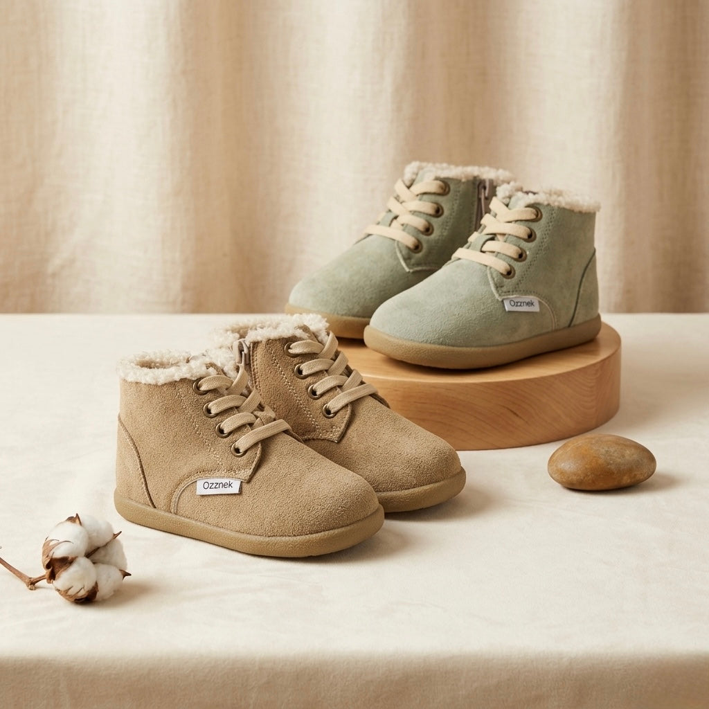 Pair of children's boots with fur lining on a neutral background