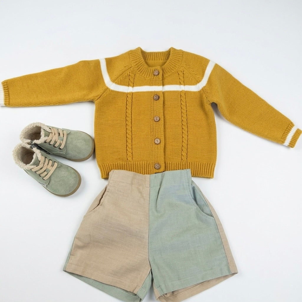 Yellow knitted cardigan with beige pants and green shoes on a white background