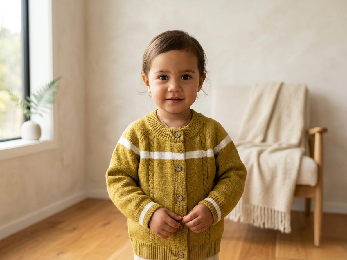 Child wearing a wool cardigan with white stripes indoors