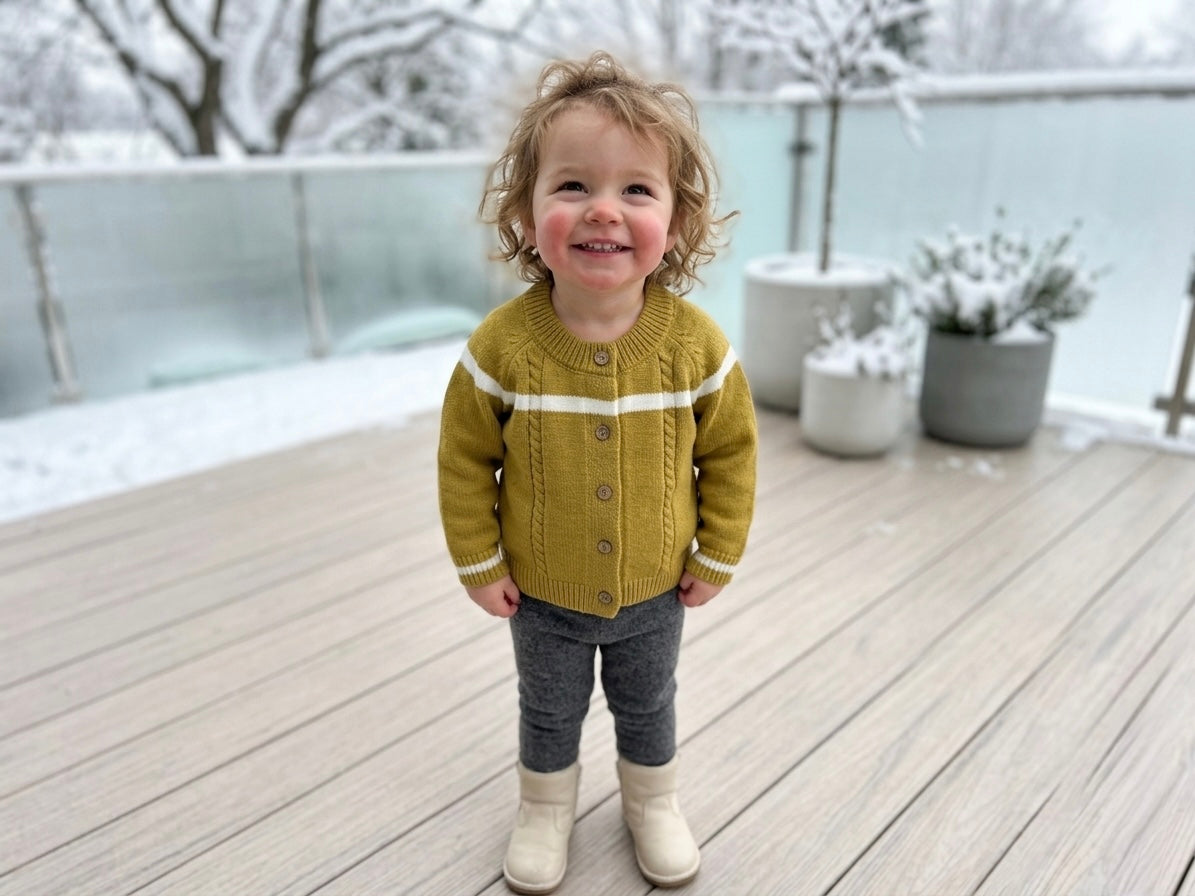 Child wearing a mustard yellow sweater with white stripes on a snowy deck