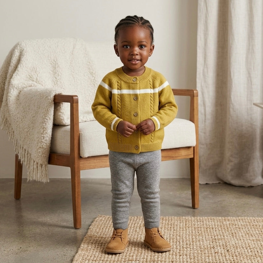 Child wearing a mustard yellow sweater with white stripes standing in a room with a wooden chair and white curtains.