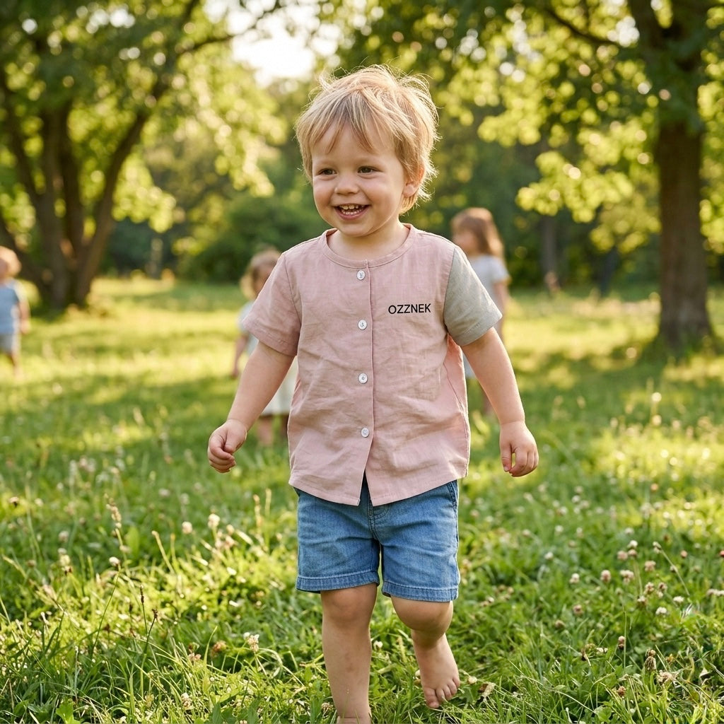 Child wearing an OZZNEK linen shirt in a park