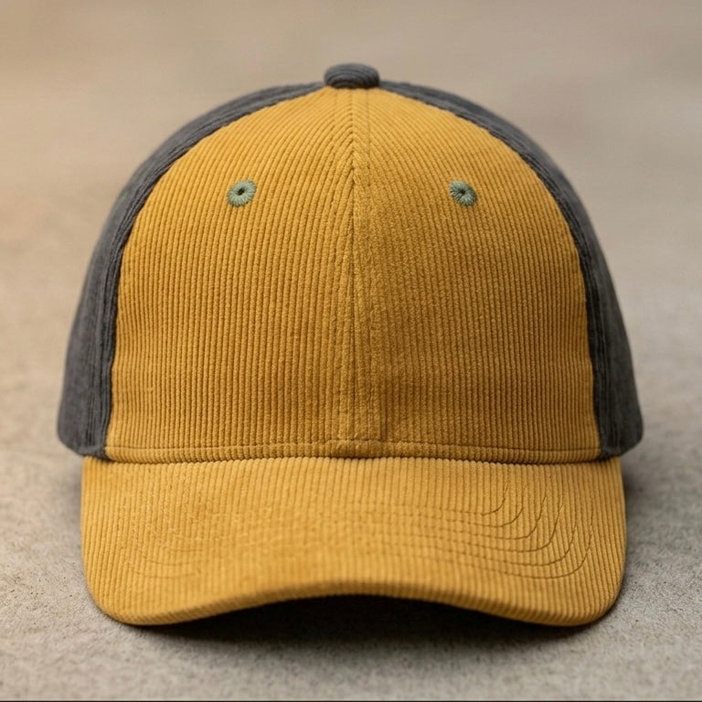 Ozznek kids corduroy baseball cap in Bumblebee Yellow and Charcoal, front view