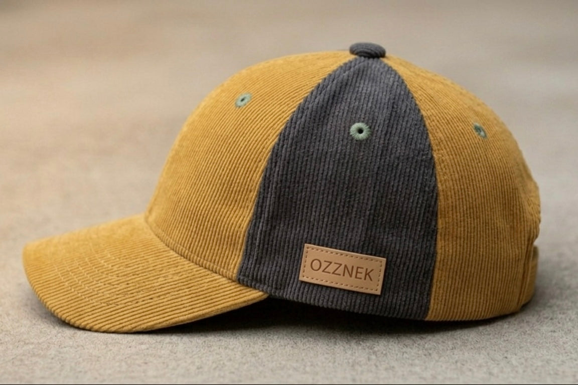 Side view of Ozznek toddler corduroy hat in Bumblebee Yellow showing the leather logo patch.