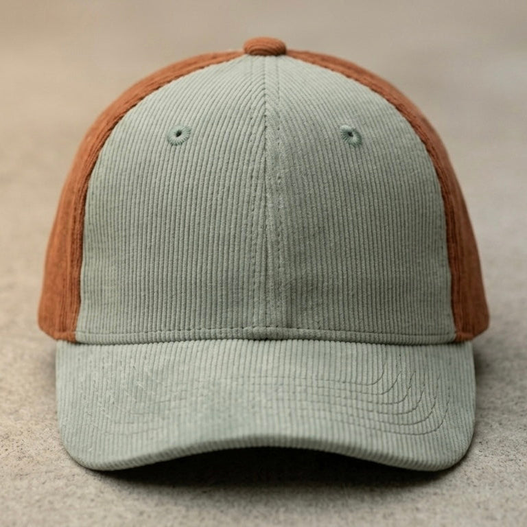 Ozznek kids corduroy baseball cap in Sage and Rust Brown, front view