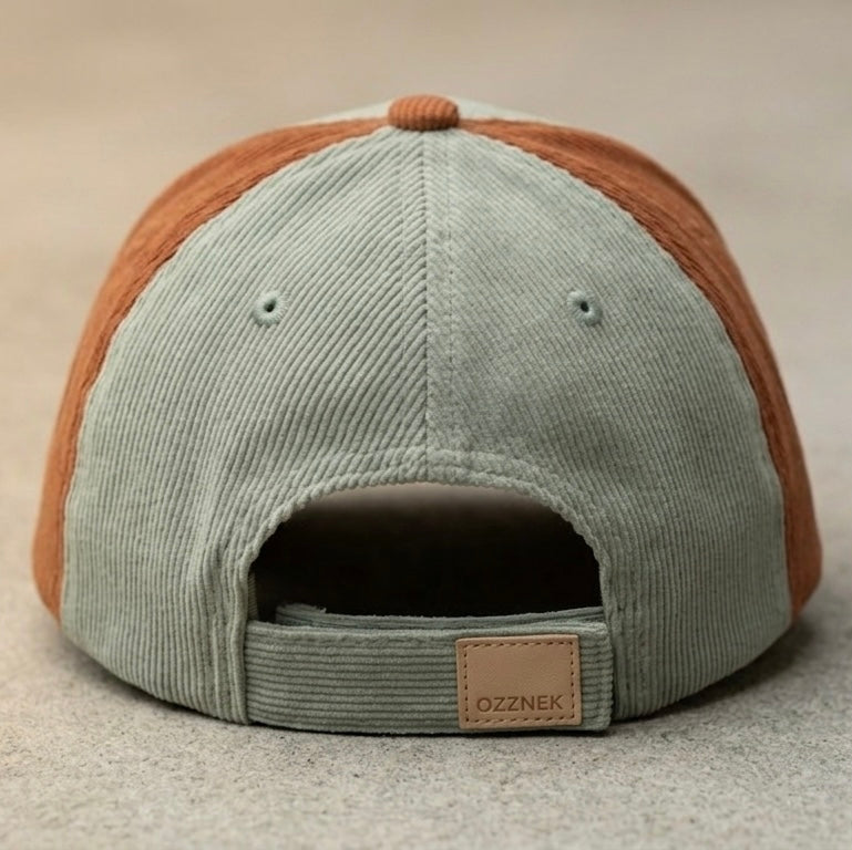 Close up of the adjustable velcro closure on the Ozznek Sage and Rust kids cap