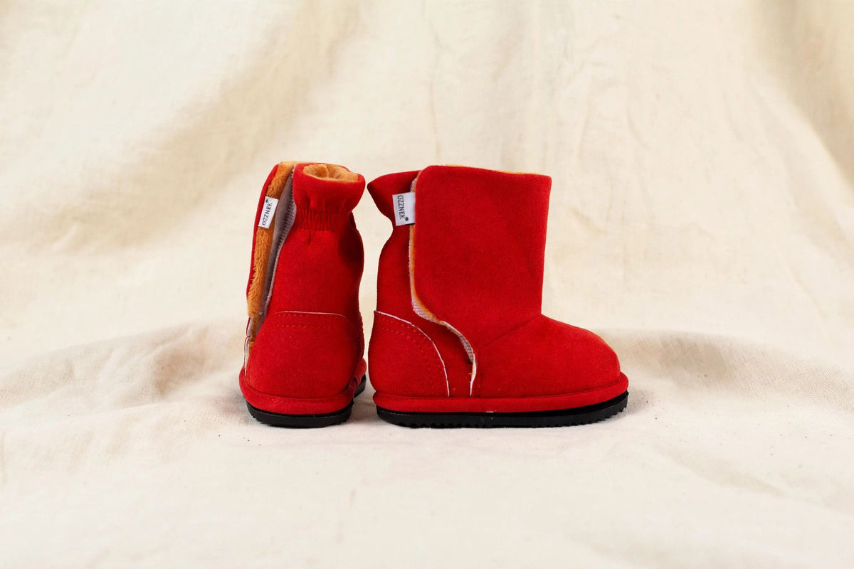 Red Ankle Boot Topper | Ozznek Removable Sole Shoes | Barefoot Kids Boot on cream linen background — alternate view