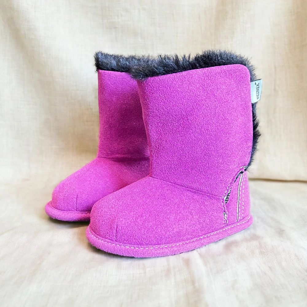 Magenta Faux-Fur Barefoot Boot Topper | Ozznek Removable Sole Shoes on cream linen background