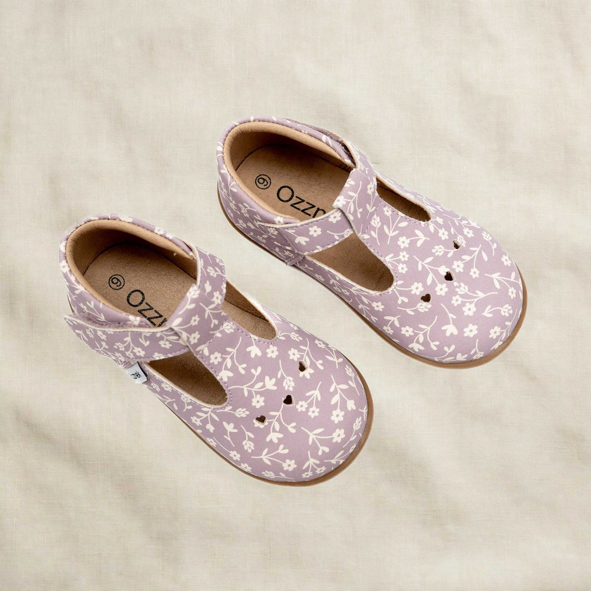 Ava Blossom Kids' Barefoot Mary Janes | Floral T-Strap Toddler Shoes on cream linen background — view 2
