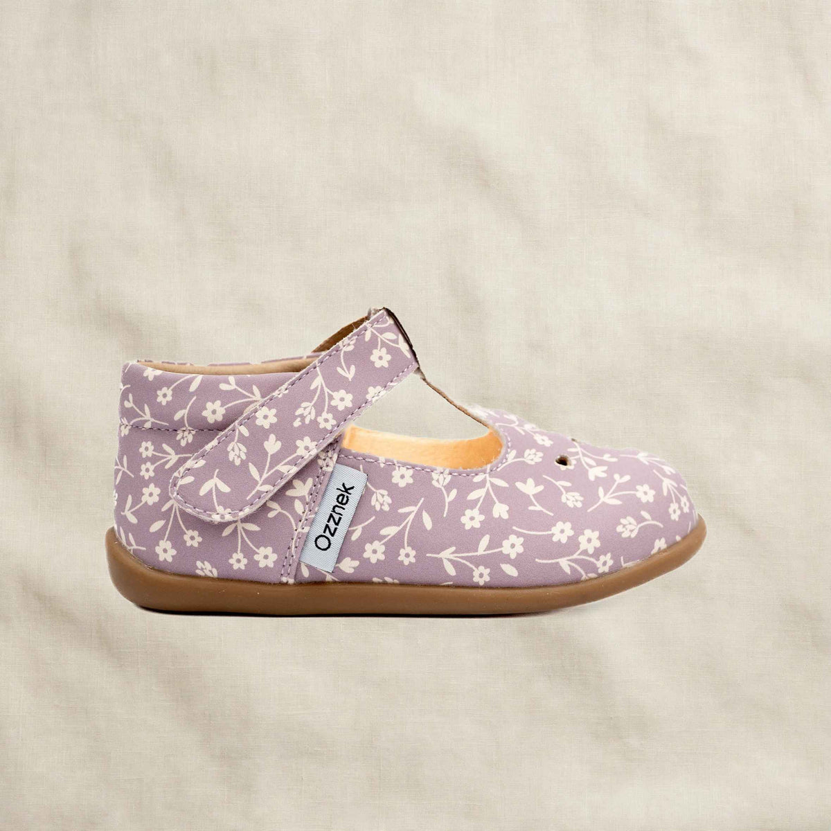 Ava Blossom Kids' Barefoot Mary Janes | Floral T-Strap Toddler Shoes on cream linen background — alternate view