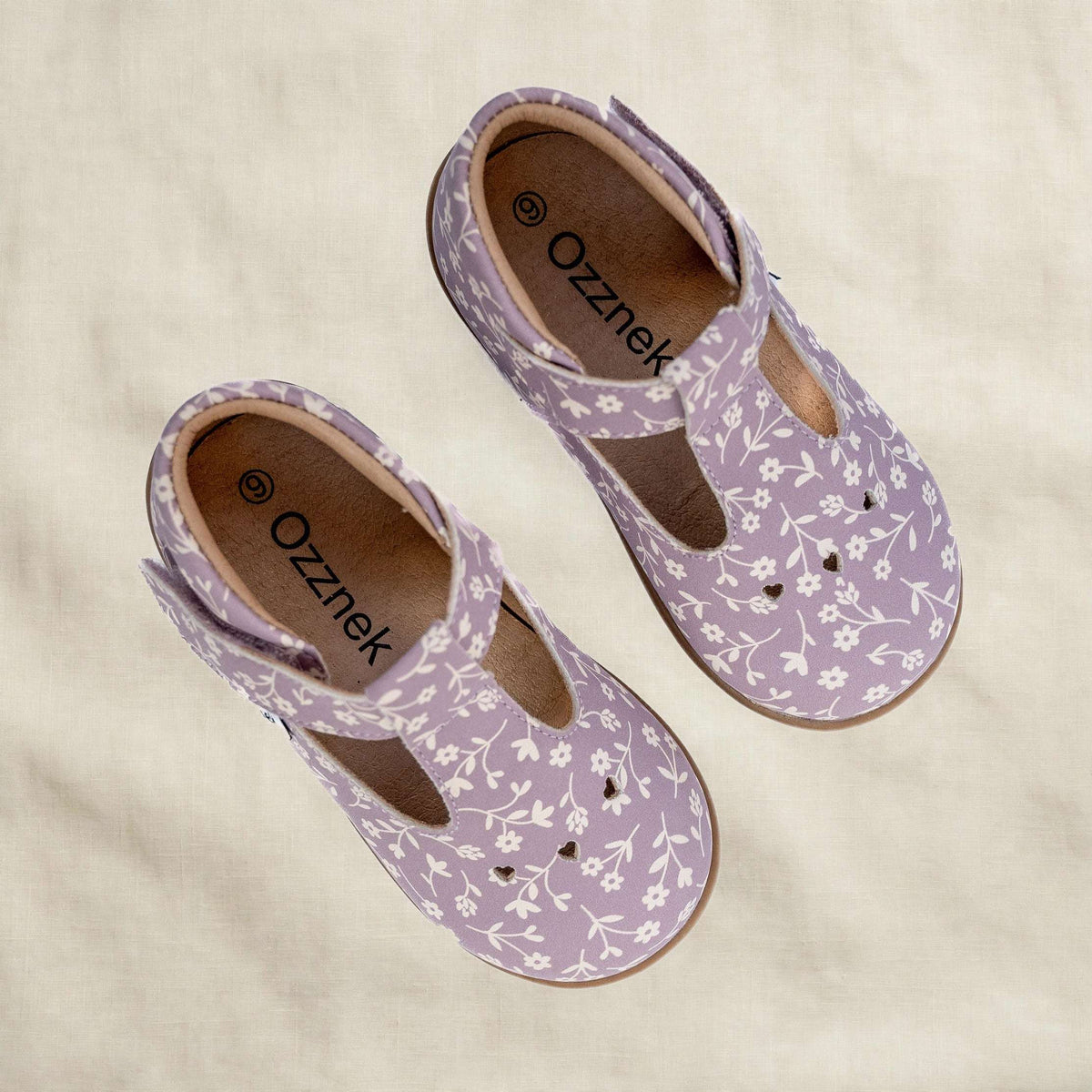 Ava Blossom Kids' Barefoot Mary Janes | Floral T-Strap Toddler Shoes on cream linen background — view 3
