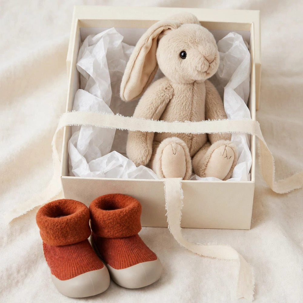 Baby's first winter gift set - fleece sock shoes and long ear bunny plush in a gift box, baby shower and Christmas gift for infants