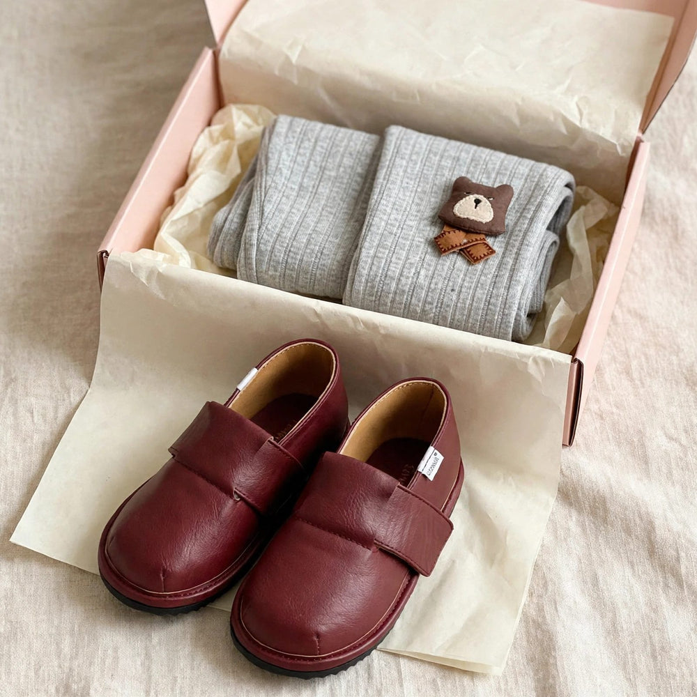 Burgundy and bear patch gift set for toddlers - burgundy slip-on dress shoes and gray footed leggings with bear patch in a gift box