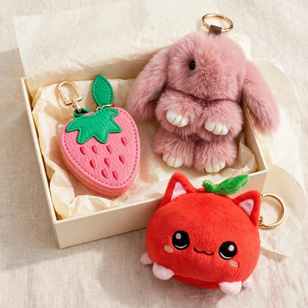 Stocking stuffer charm trio gift set - fruit pouch keychain, fluffy bunny bag charm and fruit cat plush keychain in a gift box, cute gifts for kids