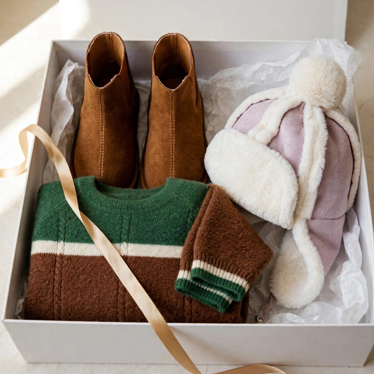 Chelsea heirloom winter gift set for toddlers - brown Chelsea boots, merino wool color-block sweater and sherpa aviator hat in a gift box