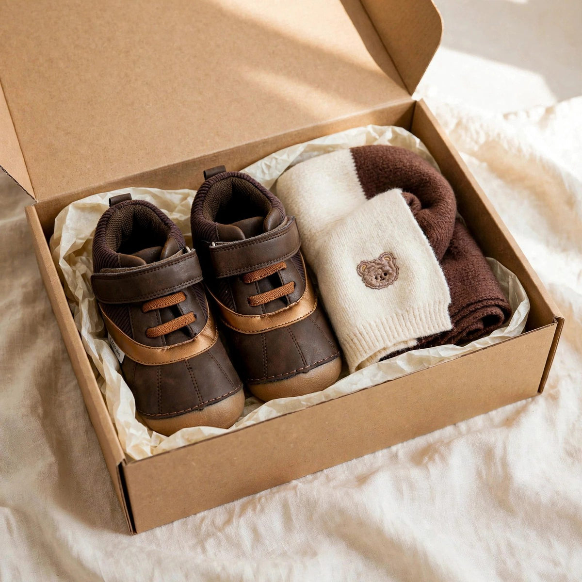 Barefoot toddler gift set with brown Cascade zero-drop boots with wide toe box and coffee and cream no-itch scarf in a gift box, barefoot boots for toddlers Christmas gift