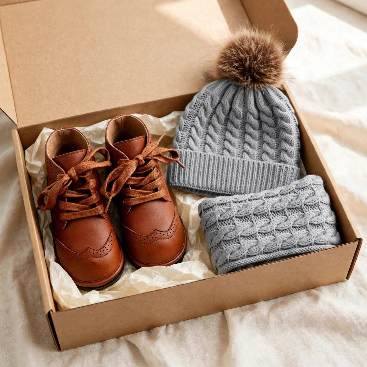 Toddler winter gift set with waterproof chestnut lace-up boots and gray organic cotton beanie and scarf set in a gift box, kids winter boots Christmas gift