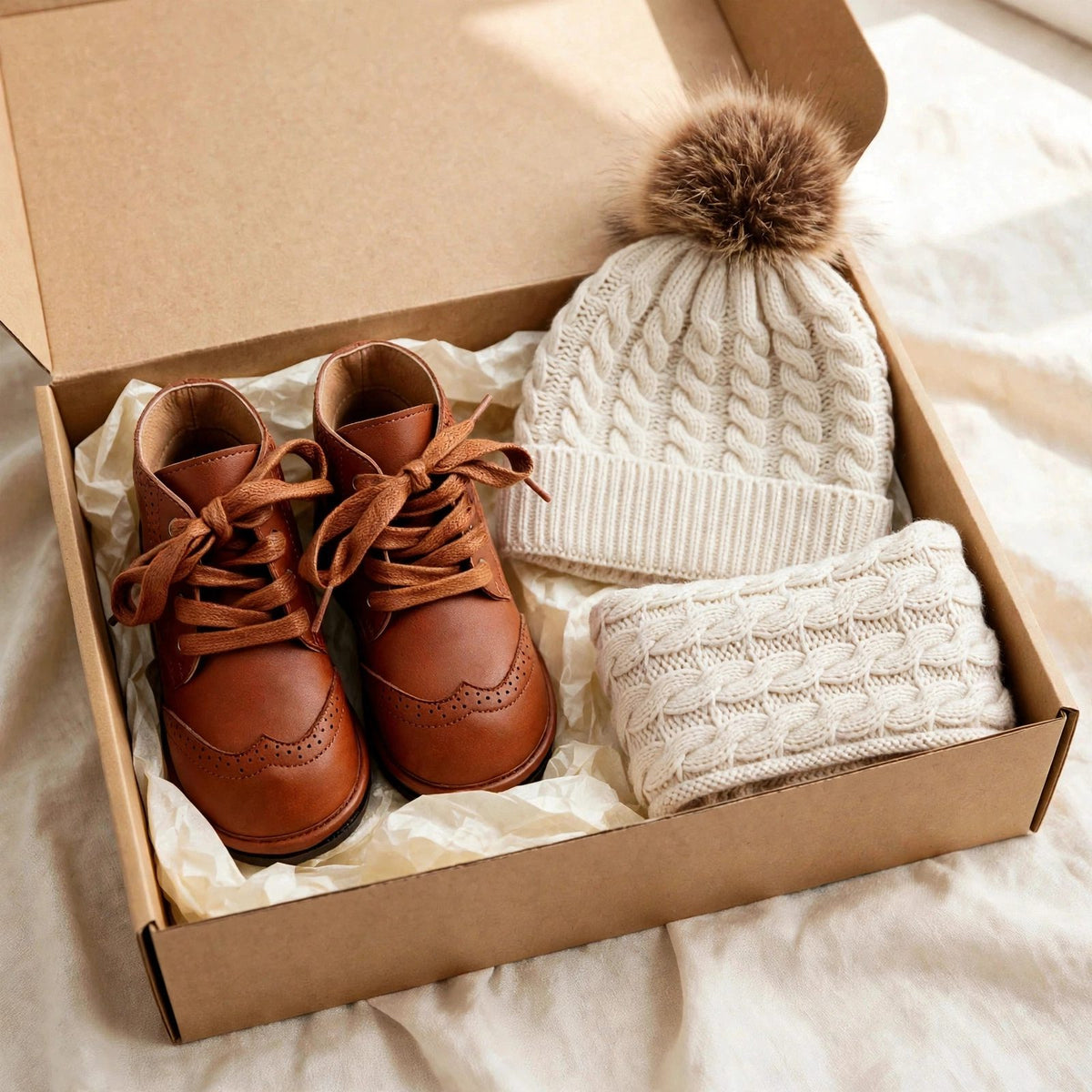 Toddler winter gift set with waterproof chestnut lace-up boots and off white organic cotton beanie and scarf set in a gift box, kids winter boots Christmas gift