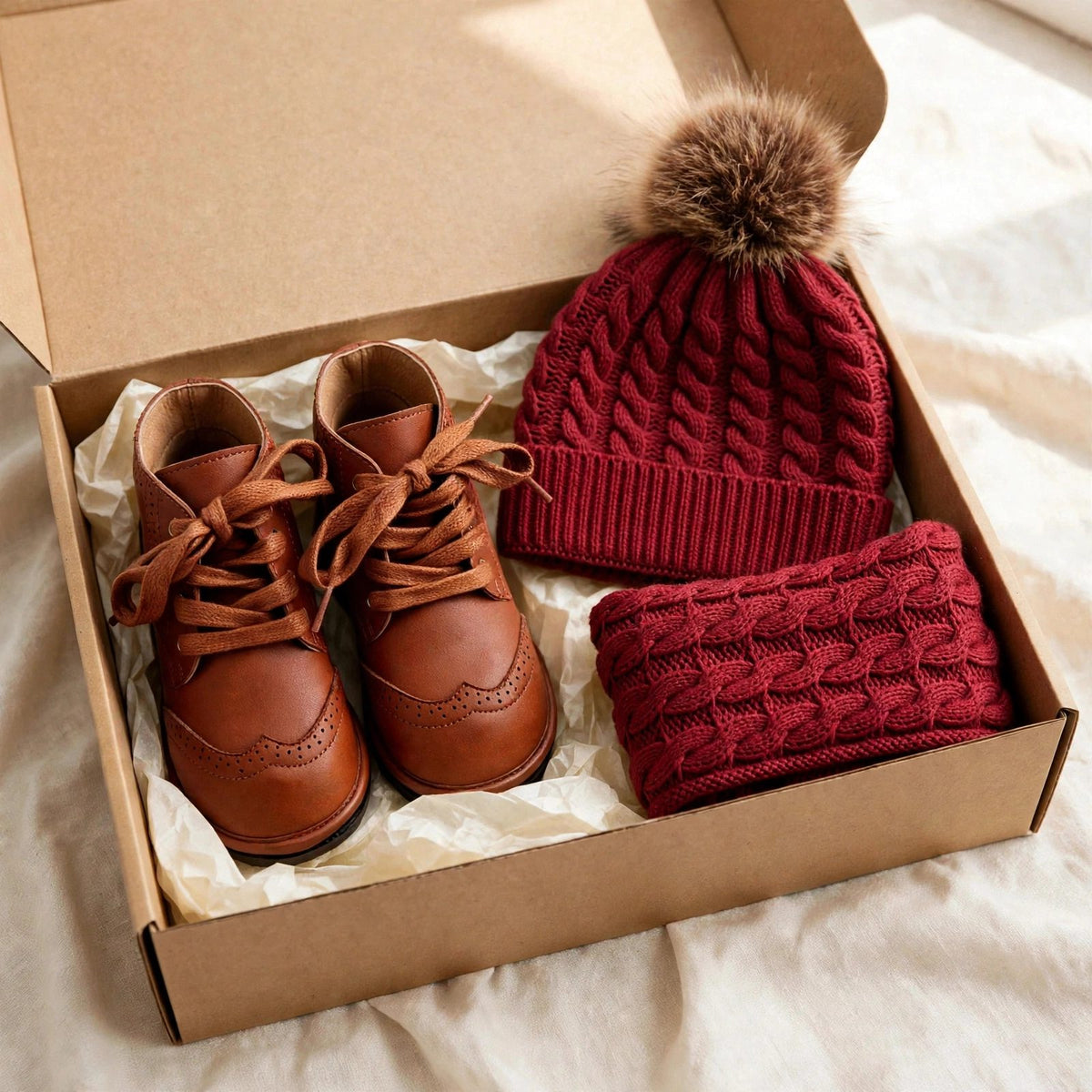 Toddler winter gift set with waterproof chestnut lace-up boots and red organic cotton beanie and scarf set in a gift box, kids winter boots Christmas gift
