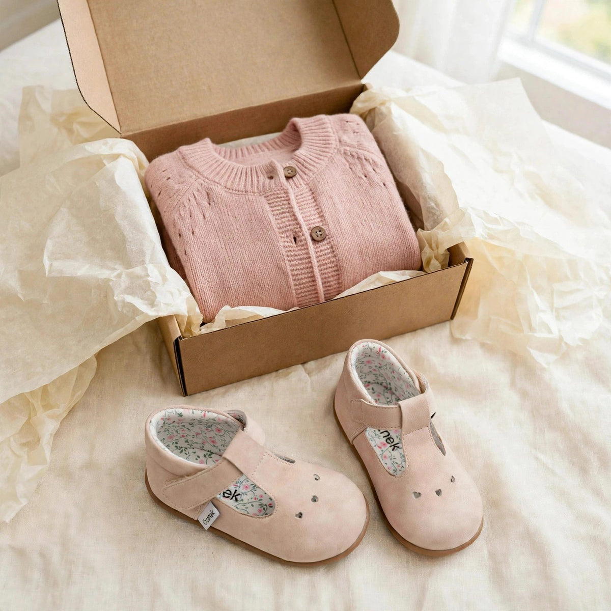 Toddler girl outfit gift set with blush organic cotton cardigan and blush barefoot Mary Jane shoes with heart cutouts in a gift box, Christmas outfit gift for toddler girls
