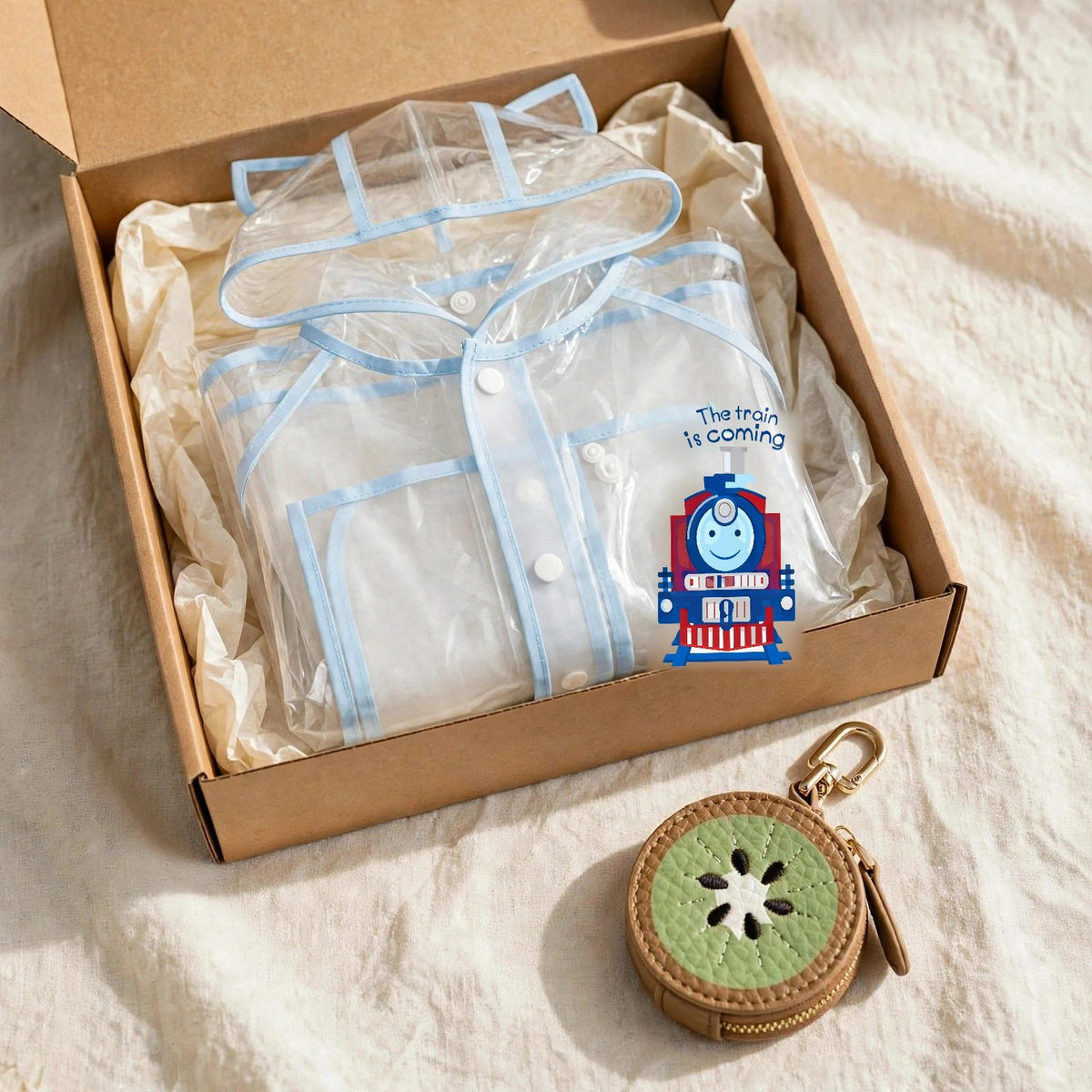 Kids gift set with clear baby blue raincoat and kiwi leather fruit bag charm in a gift box, toddler rain gear Christmas gift