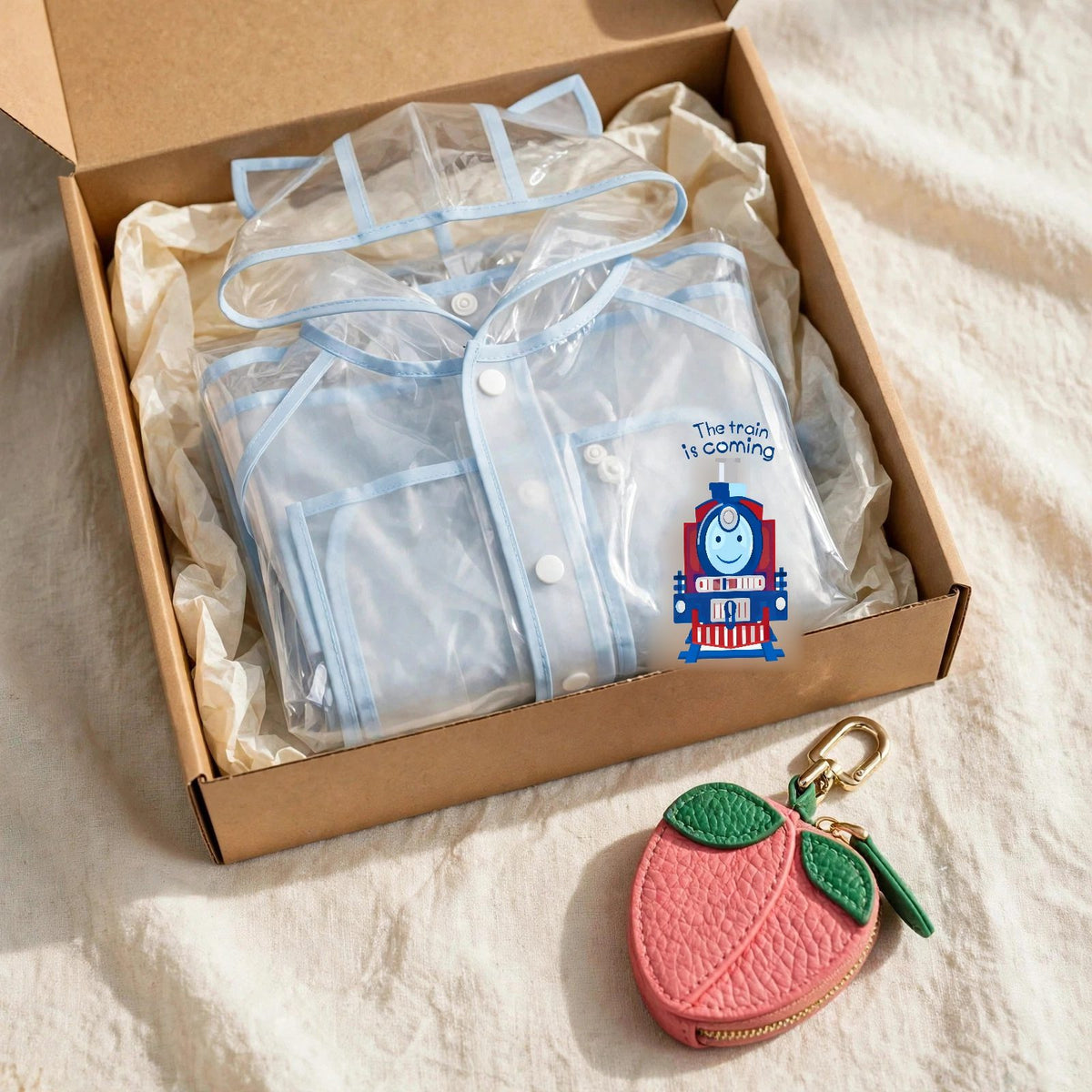 Kids gift set with clear baby blue raincoat and peach leather fruit bag charm in a gift box, toddler rain gear Christmas gift