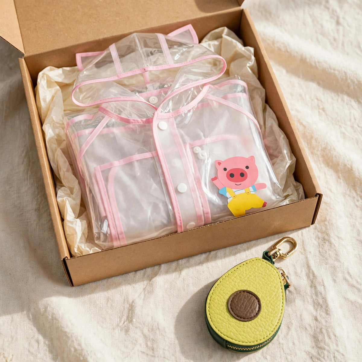 Kids gift set with clear pink raincoat and avocado leather fruit bag charm in a gift box, toddler rain gear Christmas gift