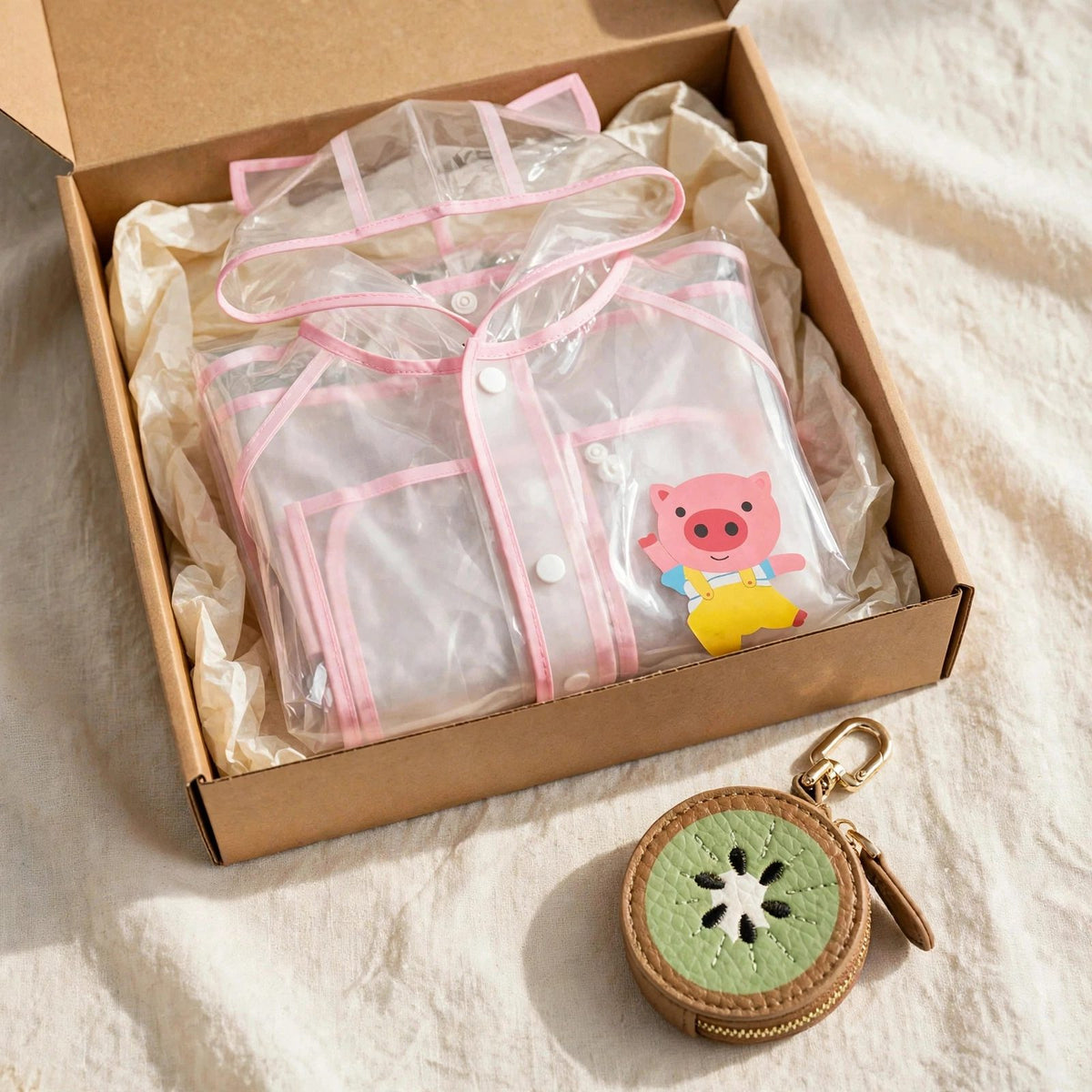 Kids gift set with clear pink raincoat and kiwi leather fruit bag charm in a gift box, toddler rain gear Christmas gift