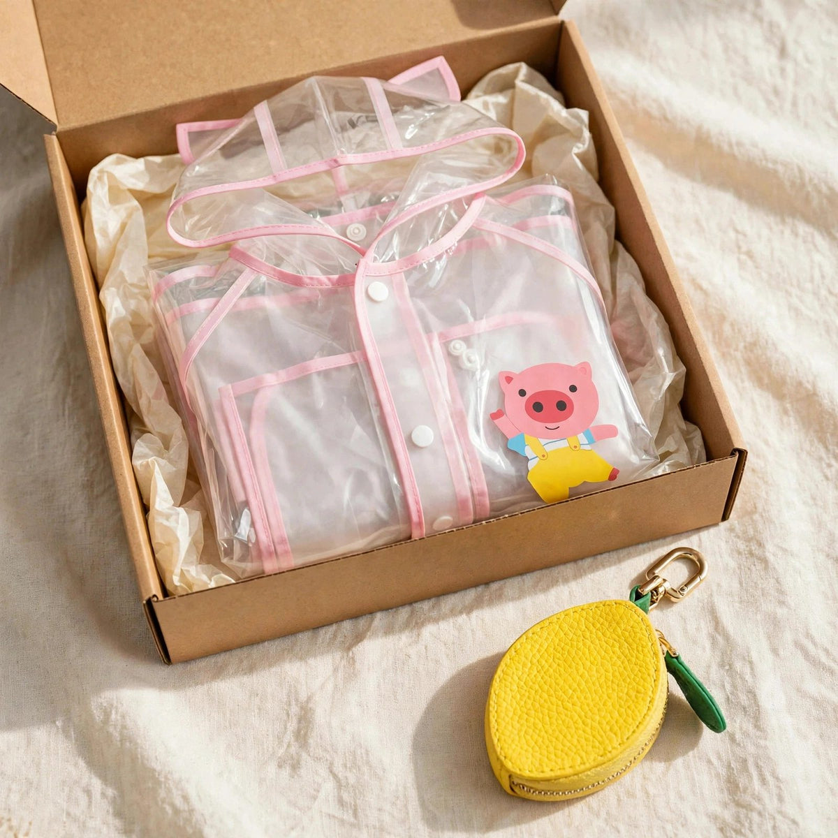 Kids gift set with clear pink raincoat and lemon leather fruit bag charm in a gift box, toddler rain gear Christmas gift