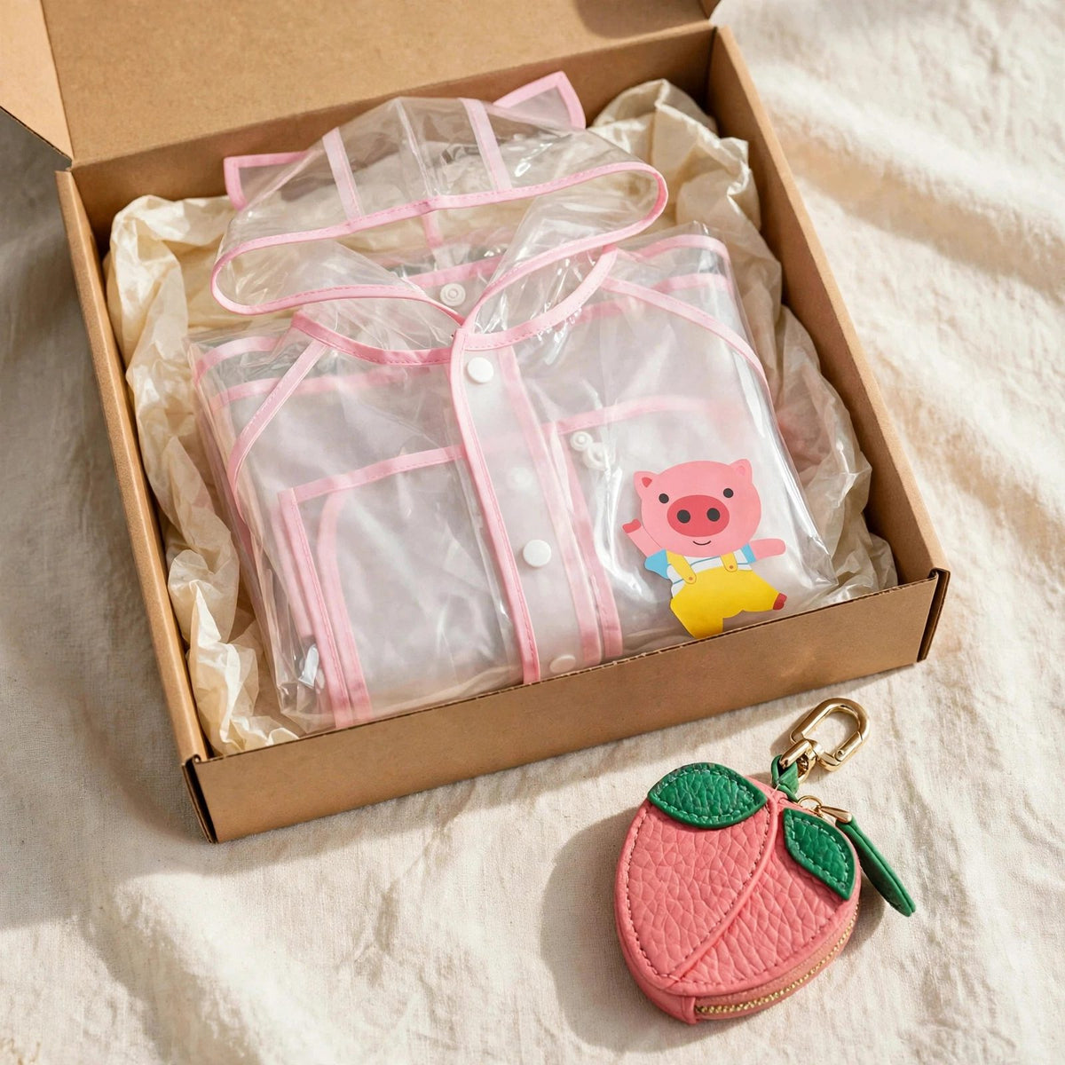 Kids gift set with clear pink raincoat and peach leather fruit bag charm in a gift box, toddler rain gear Christmas gift