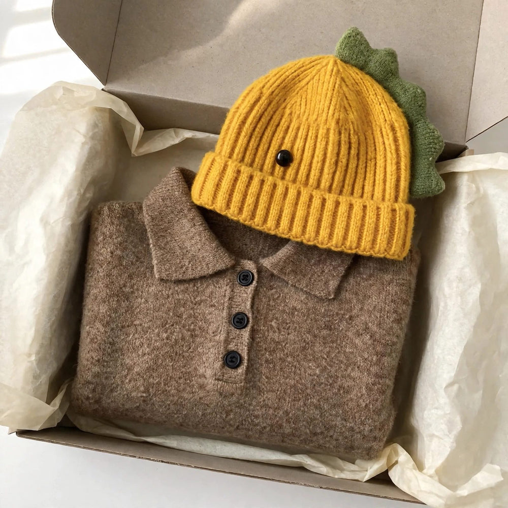 Cozy knit gift set for toddlers - organic cotton polo sweater and hand-knitted dinosaur beanie in a gift box, ready-to-give kids gift