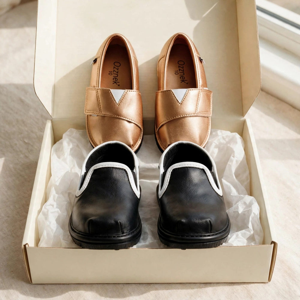 Dress-up gift set for toddlers - black slip-on dress shoes and gold velvet shoe topper in a gift box, holiday party outfit gift
