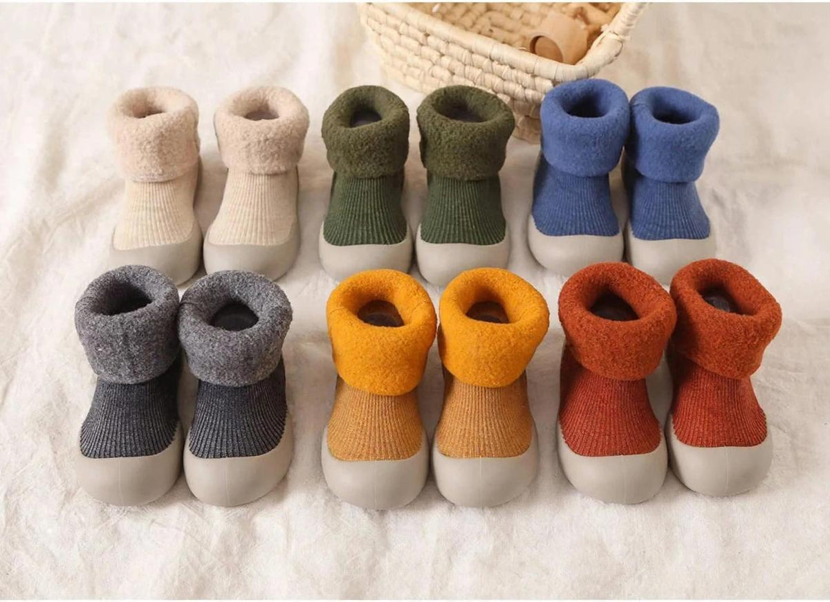 Toddler Sock Shoes with Rubber Soles | Fleece Winter Barefoot Shoes on cream linen background — view 5