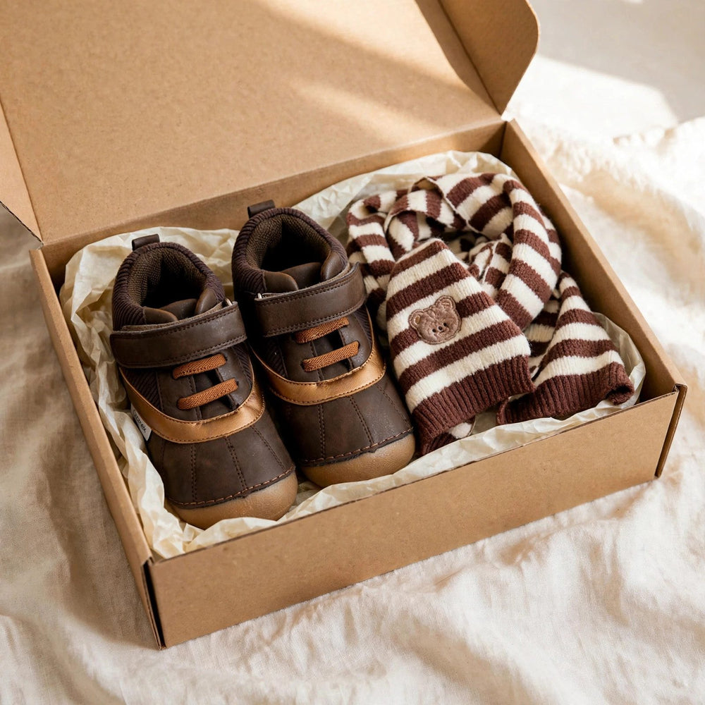 Barefoot toddler gift set with brown Cascade zero-drop boots with wide toe box and brown striped no-itch scarf in a gift box, barefoot boots for toddlers Christmas gift