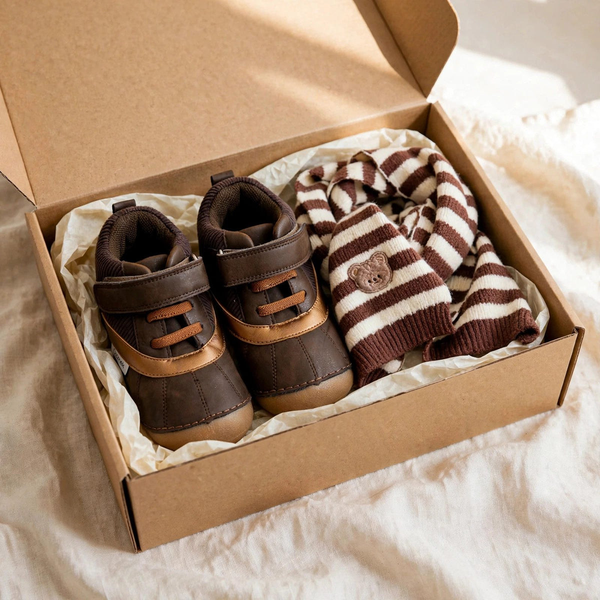 Barefoot toddler gift set with brown Cascade zero-drop boots with wide toe box and brown striped no-itch scarf in a gift box, barefoot boots for toddlers Christmas gift
