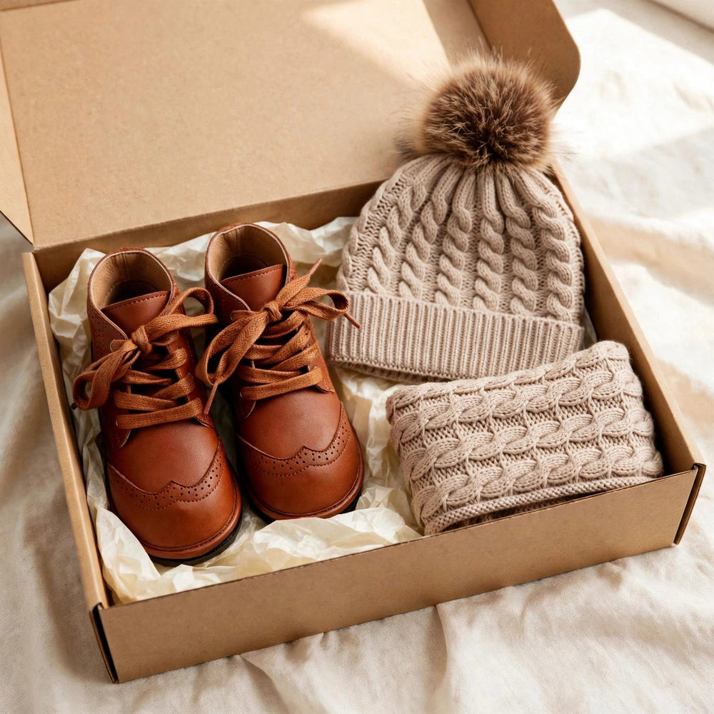Toddler winter gift set with waterproof chestnut lace-up boots and beige organic cotton beanie and scarf set in a gift box, kids winter boots Christmas gift